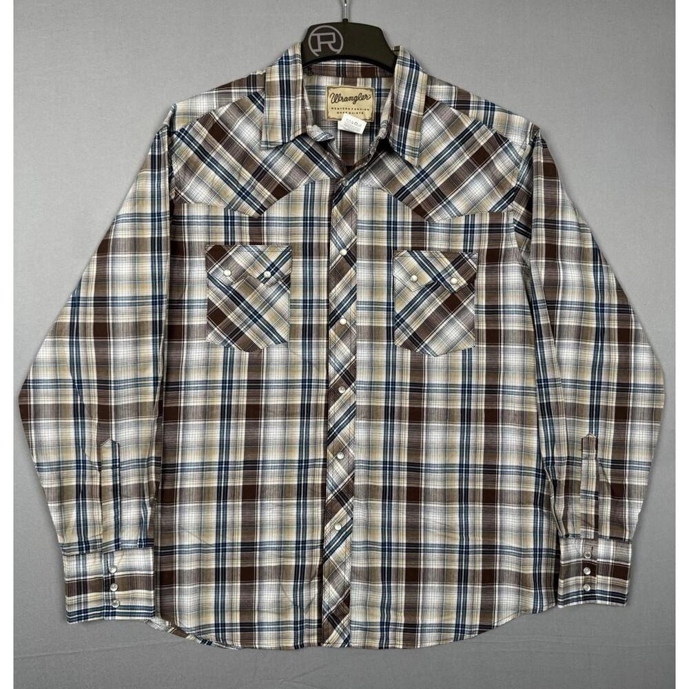 Vintage Wrangler Pearl Snap Mens XL Brown Blue Plaid Check Retro‎ Rodeo Western